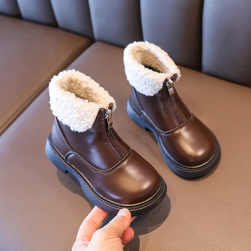 Multi Colored Girls Leather Boots with Front Zipper Low Leg Flat Bottom, Winter Outdoor Microfiber Girls Leather Shoes