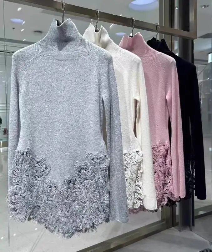 Elegant Gray White Pink Black 100% Cashmere Sweater For Women Turtleneck Long Sleeve Hollow Out Floral Lace Embroidery Knitwear