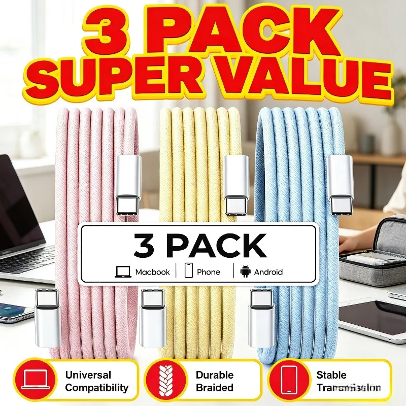 3er-Pack USB-C-auf-USB-C-Ladekabel mit geflochtenem Design, Typ-C-Schnelllade- und Datenkabel, kompatibel mit Mobiltelefonen und Tablets.