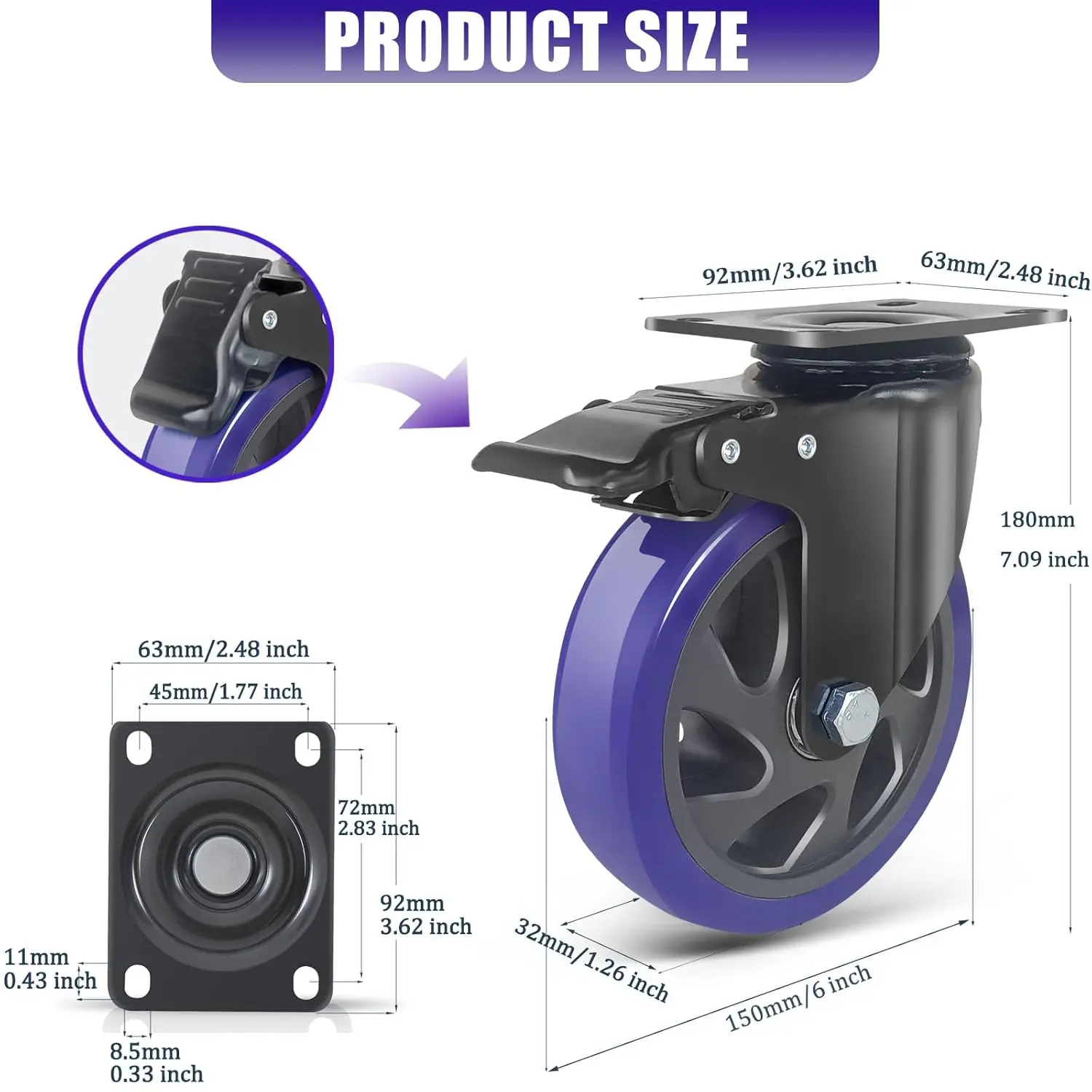 Inch Caster Wheels 3000lbs,Heavy Duty Casters Set of 4 with Brake, No Noise Polyurethane Swivel Caster Wheels for Cart,Furnitu