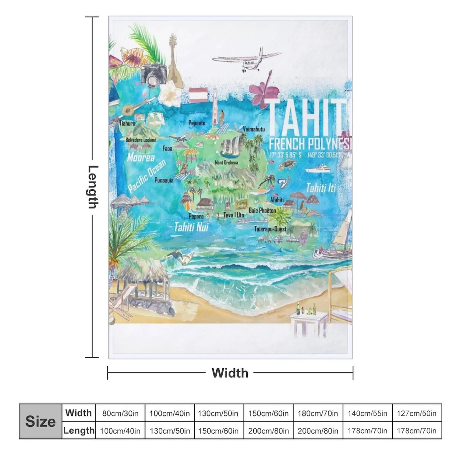 Tahiti Illustrated Travel Map with Roads and Highlights Throw Blanket warm winter Blankets For Sofas Blankets