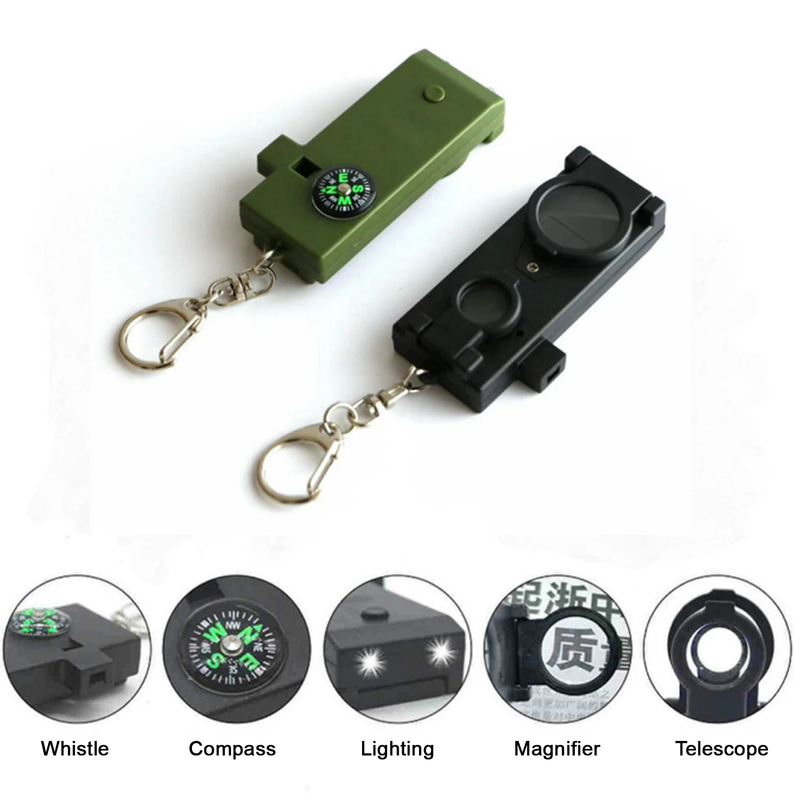 

Portable Outdoor Survival Whistle 5 In 1 Whistle Equipped With Flashlight Compass Magnifying Glass Practical Outdoor Accessories
