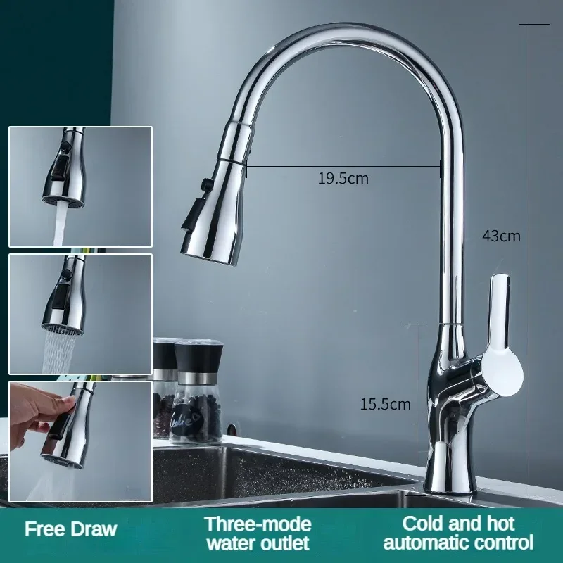 Pull Out Kitchen Sink Faucet Hot Cold Water Mixer Tap 3 Function Stream Sprayer Single Handle Brass Rotatable Water Tap