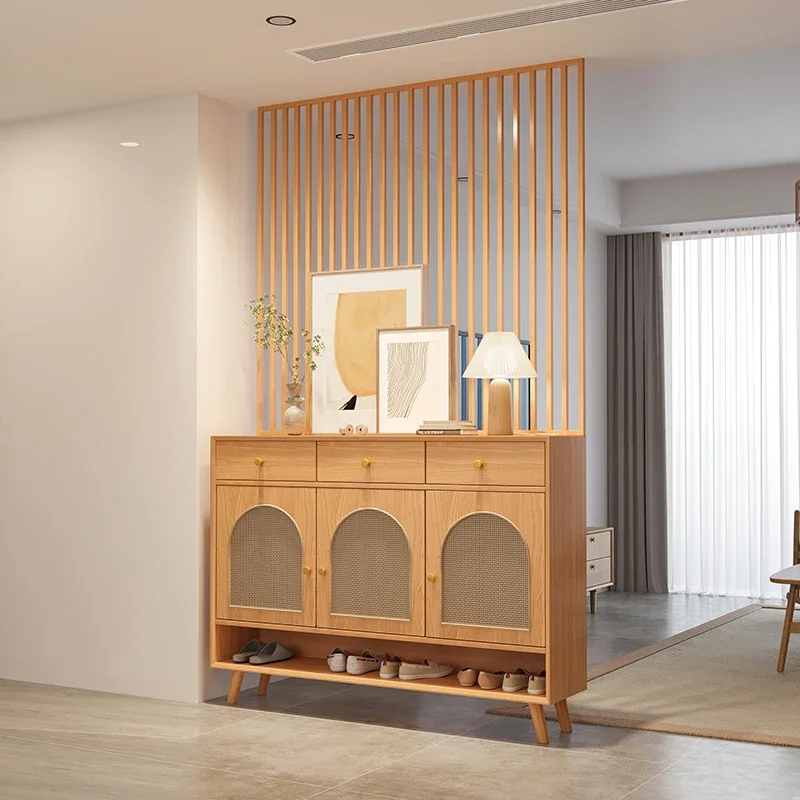 Log solid wood grid screen partition cabinet living room door shoe cabinet home door