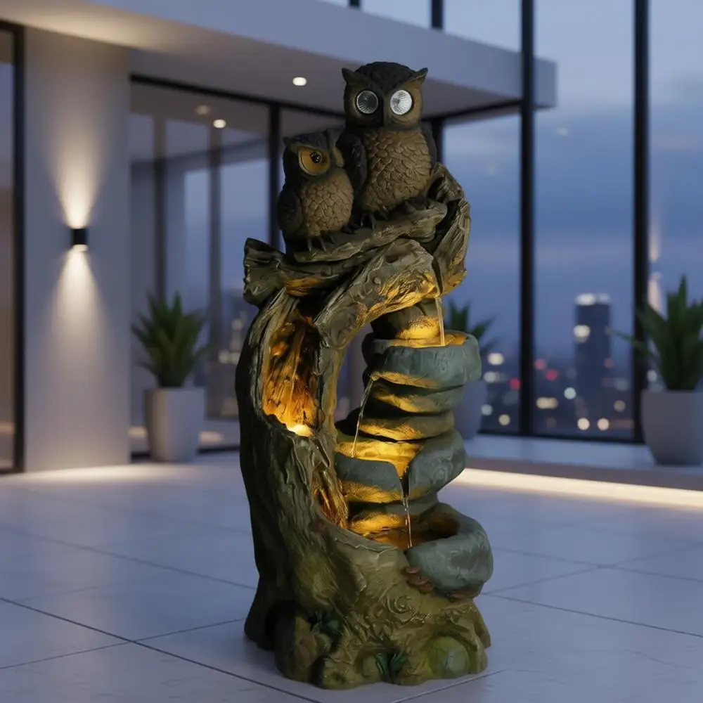 

34.3''H Outdoor Water Fountain Owl Tree Stump, 4 - Tier Cascading Waterfall Garden Fountains with LED Lights & Pump Water Featur