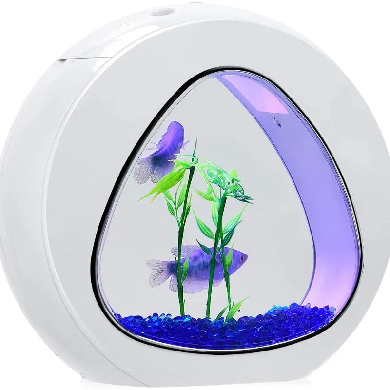 Betta Fish Tank, Fish Aquarium with LED Light & Power Filter, Fish Bowl Comes with Artificial Aquatic Plants