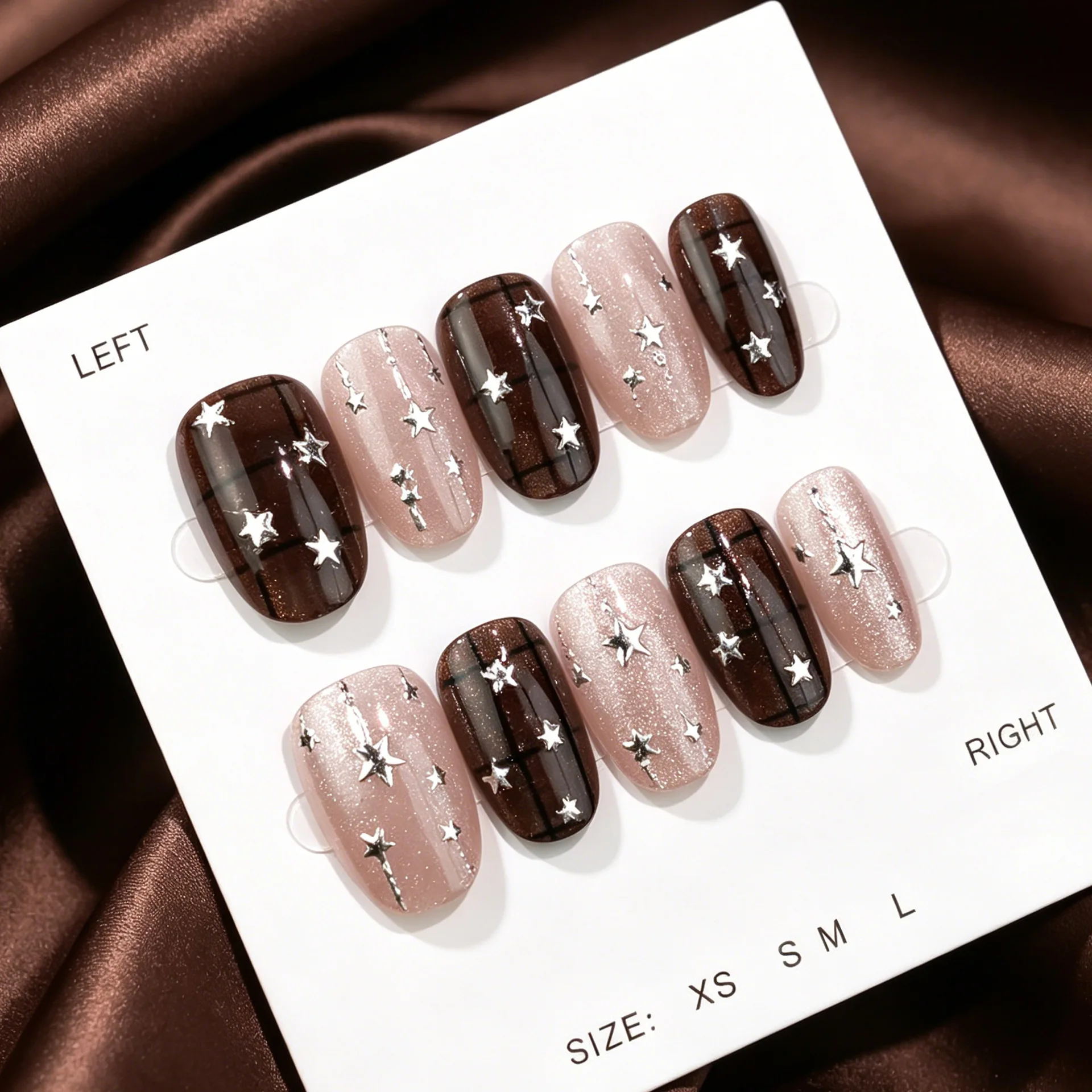30pcs Pearl-Finish Cat-Eye Press on Nails Gold-Plated Sparkling Starry Sky Checkered Pattern Fake Nail Short Ladder False Nail