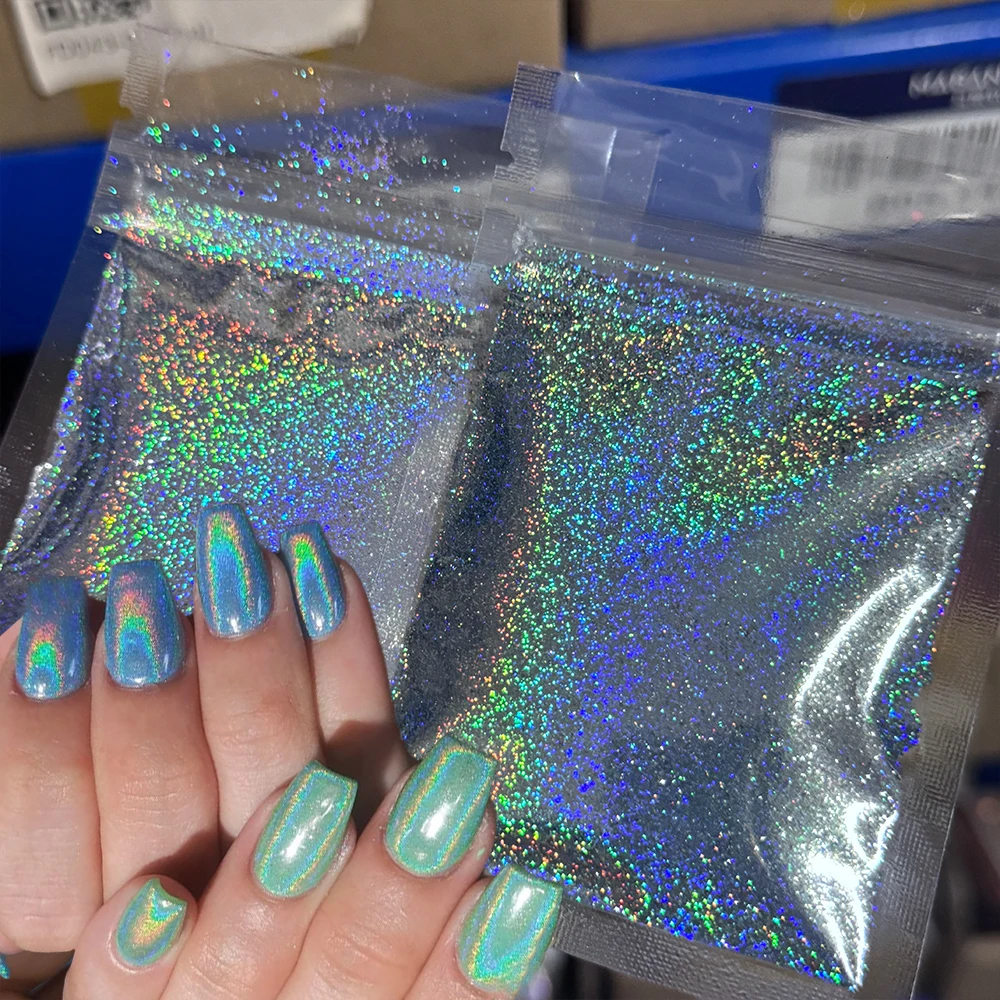 

20g 0.2mm Holographic Nail Glitter Powder Silver, Blue, Pink, Black Laser Dazzling Nail Pigment Chrome Shimmer Rainbow Nail Dust
