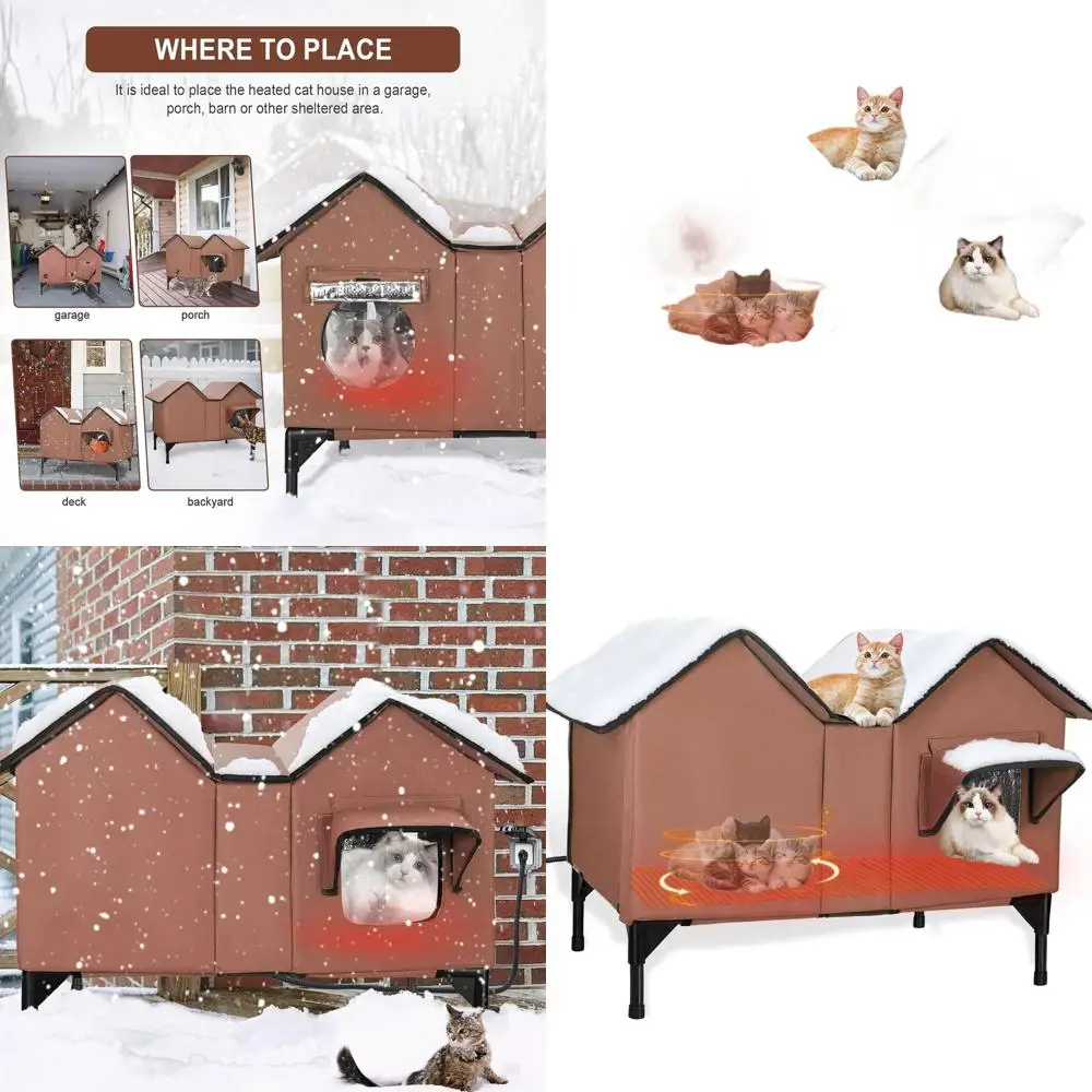 

Большой утепленный уличный домик для кошек с подогревом, водонепроницаемый и всепогодный, с приподнятым основанием и дверцей для выхода, для нескольких кошек