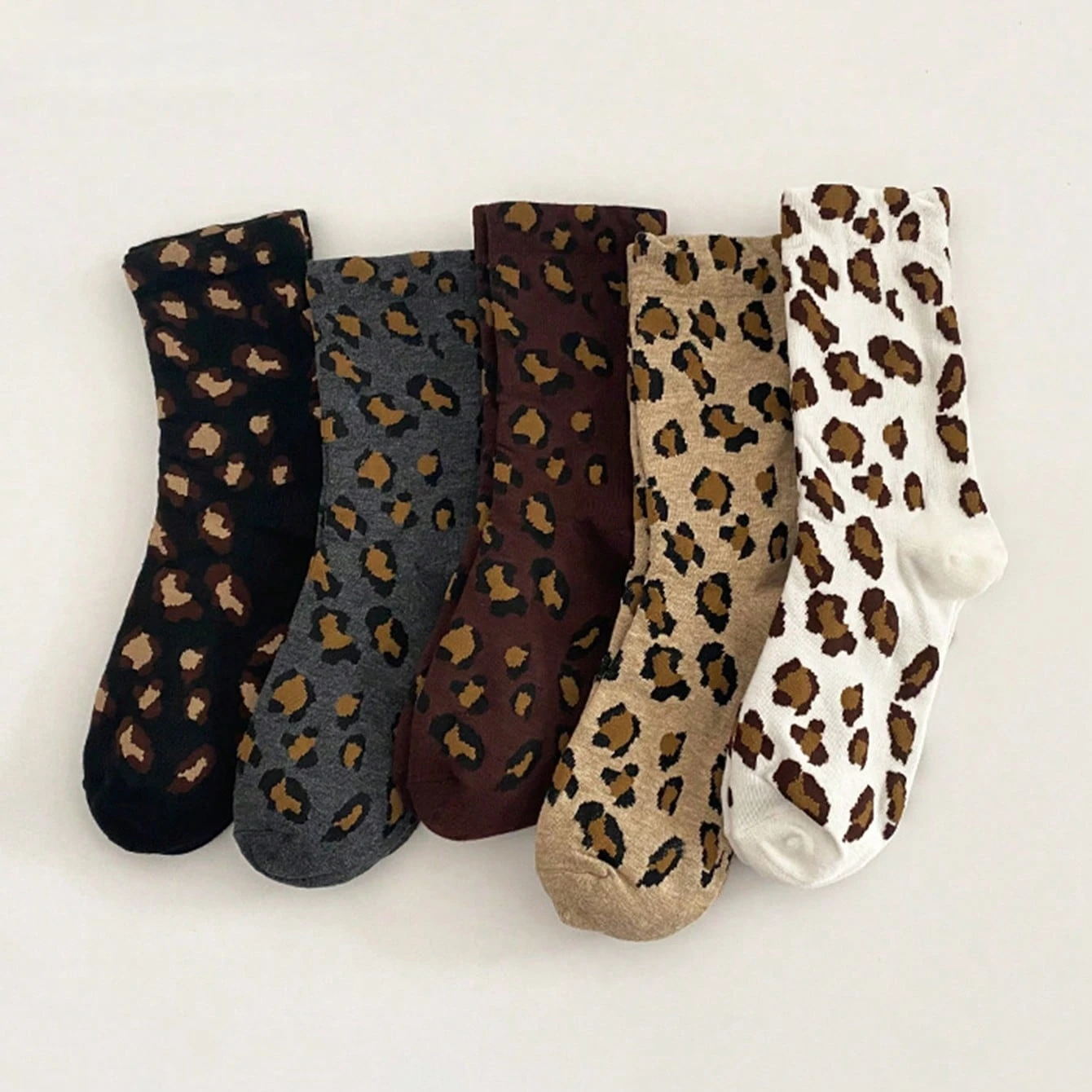 Women's Mocha Crew Socks, leopard print Warm & Comfortable, Solid Color, Elastic Waistband, Non-Slip, Soft & Cozy