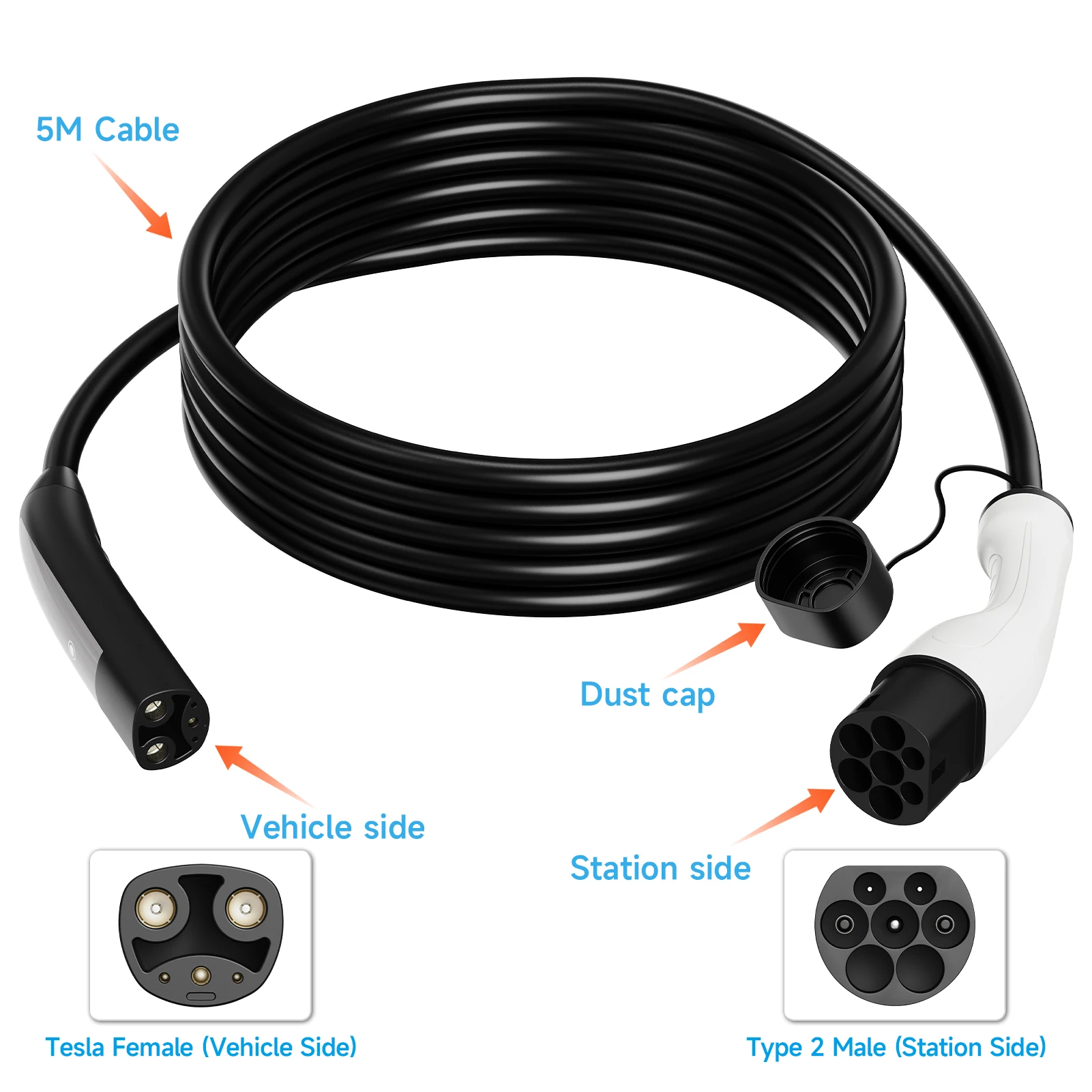16A/32A 7KW Type 2 to Tesla NACS EV Charging Cable IEC 62196-2 to Model 3/Y/X/S EVSE Charging Station Female to Male Plug