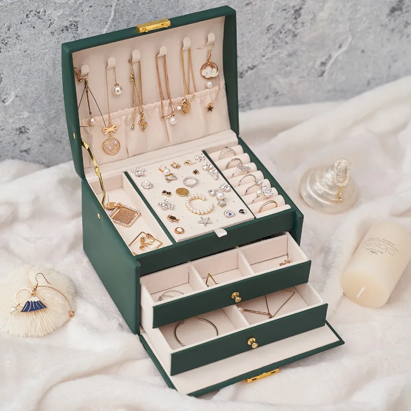 

Three-Layer Leather Drawer Jewelry Box Light Luxury Earring Jewelry Storage Box Ear Studs Earrings with Lock Jewelry Box