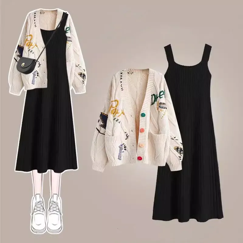 Women's Autumn Winter New Vintage Knit Sweater+sexy Sling Skirt 2-piece Suit 2025 Korean Elegant Loose Coat Dress Matching Set - Image 3