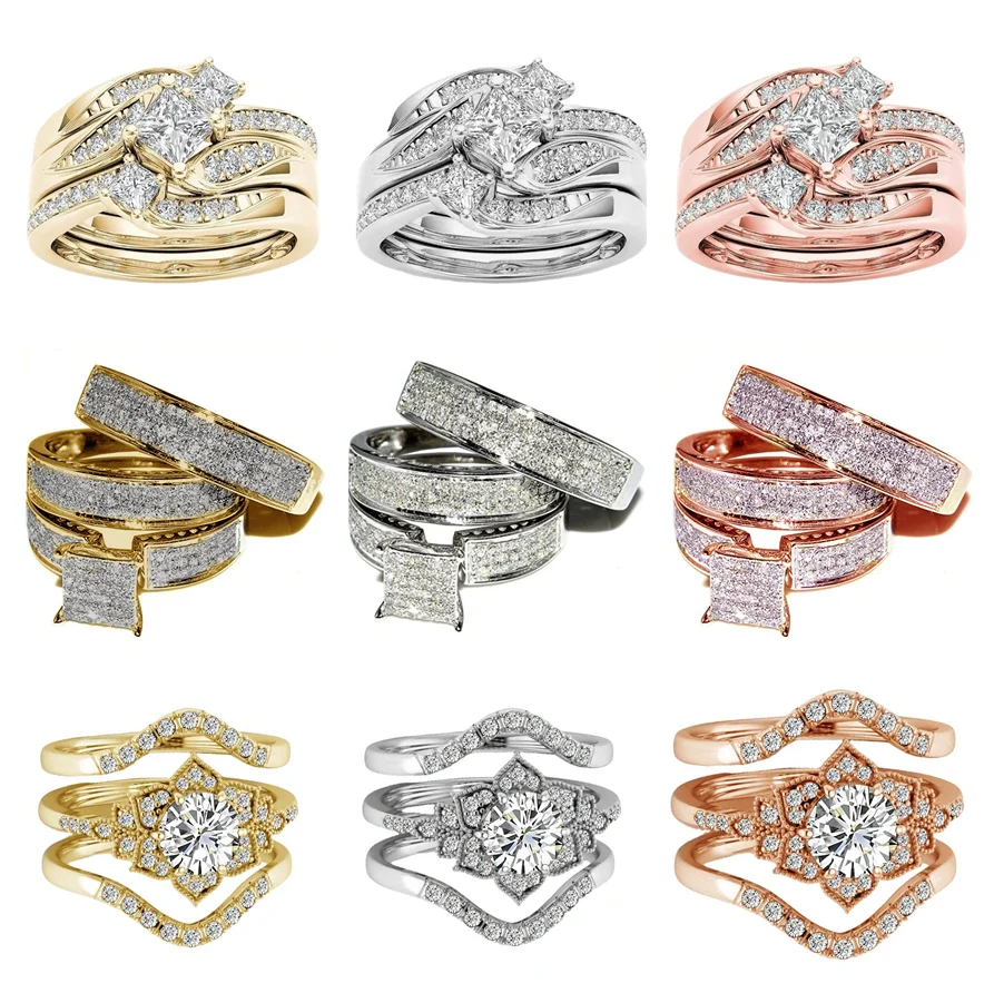 3 Pcs/Set Luxury Purple Crystal Ladies Ring Rhinestone Zircon for Women Party Wedding Engagement Jewelry