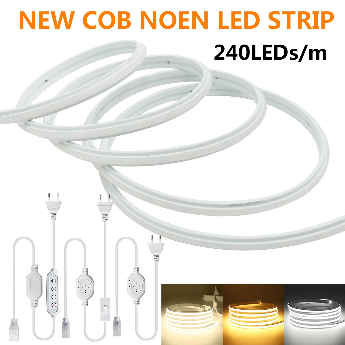 AC 220V COB LED Neon Strip Light 4Key Dimmer Switch With EU Plug Super Bright 240LEDs/m Warm/Neutral/White IP65 Waterproof Decor