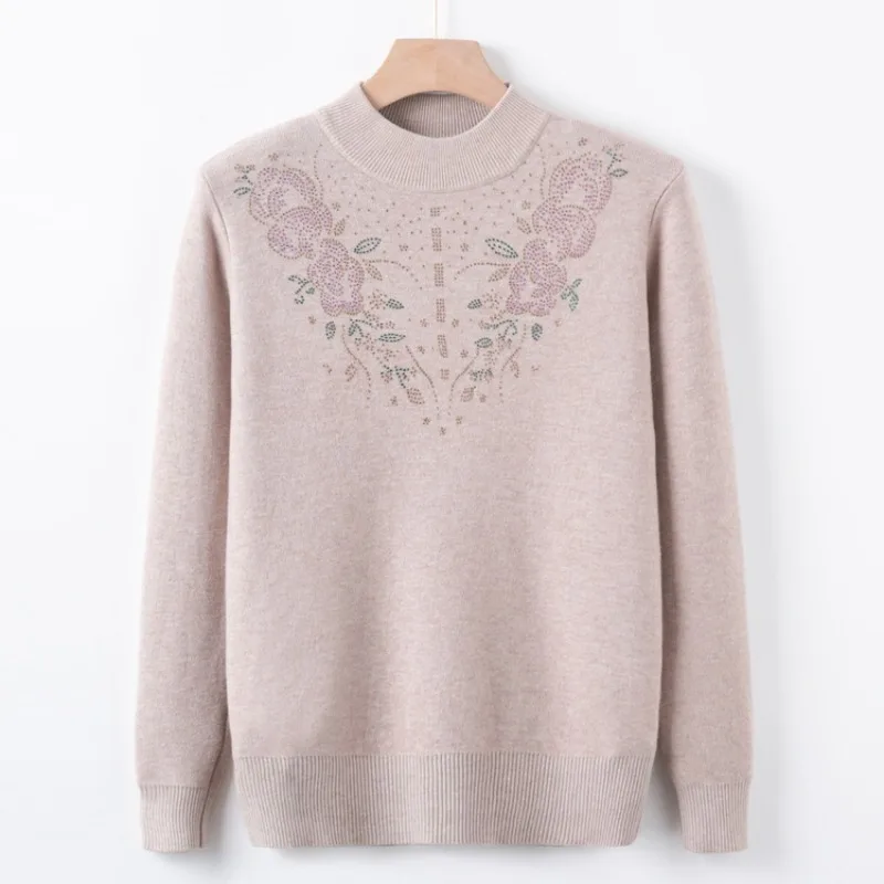 

2026 New Middle-age Women's Fleece Thicken Knitted Sweater Diamonds Pullover Autumn Winter Warm Bottom Sweaters Soft Short Tops