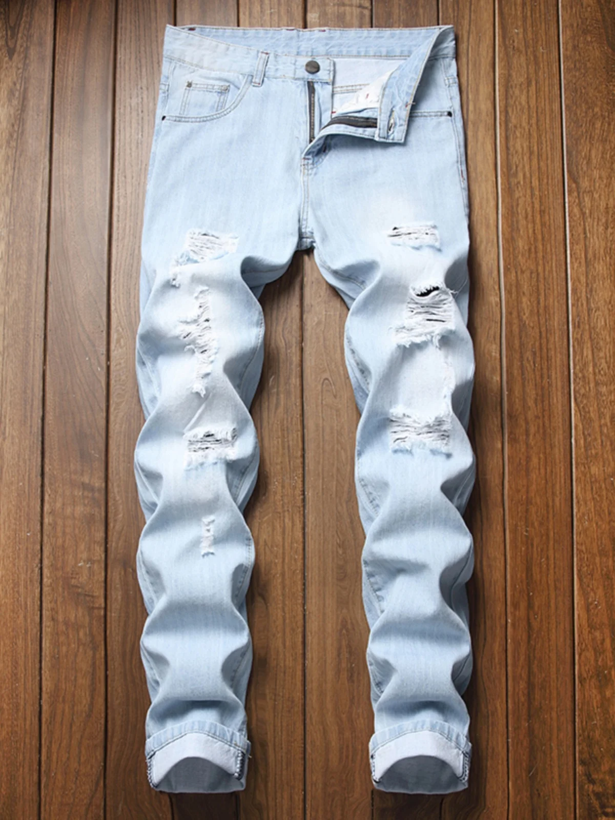 

Trendy Men's Casual Light Blue Jeans Straight Leg Loose Fit Hole Punching Pants Versatile plus Size Slimming Long Trousers