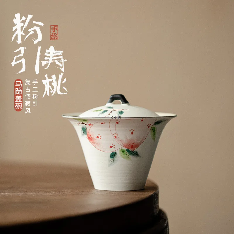 

Wabi-sabi Style Hand-painted Peach Blossom Horse Hoof Lid Bowl Ceramic Two-talent Lid Bowl Large Tea Bowl Tea Cup Rock Tea