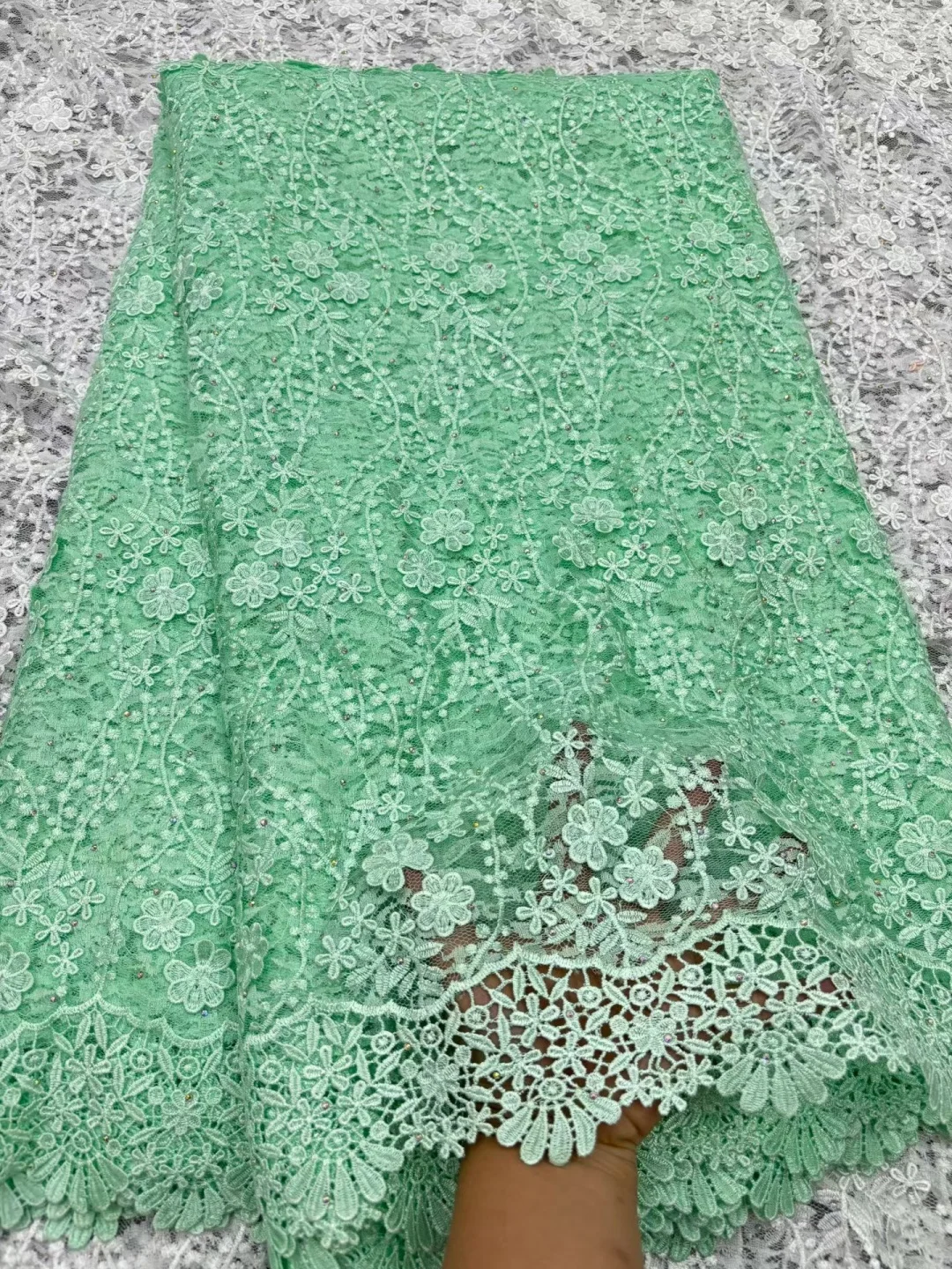 

New Luxury Dimensional Lace Fabric 2026 High Quality Lace Water Soluble Embroidered Fashion Soft Green Lace Fabric