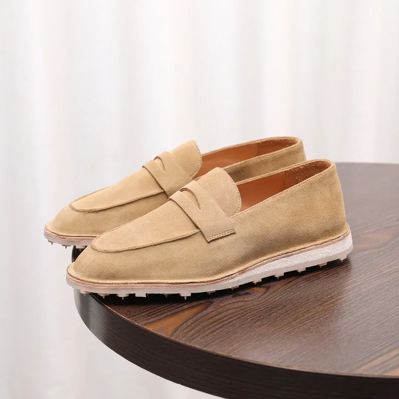 

Handmade Cow Suede Slip on Men Loafers Leather Flats British Old Money Style Casual Shoes Simple Comfortable Driving Shoes