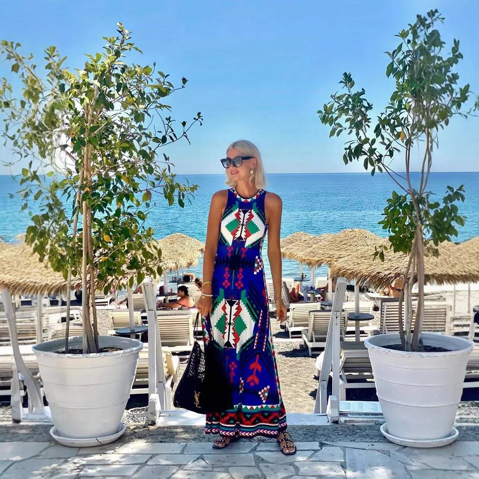 Vintage Geometry Print Long Dresses Women Fashion Casual Vacation Style Slim Sleeveless Dress Female Vestidos 2025 Summer New