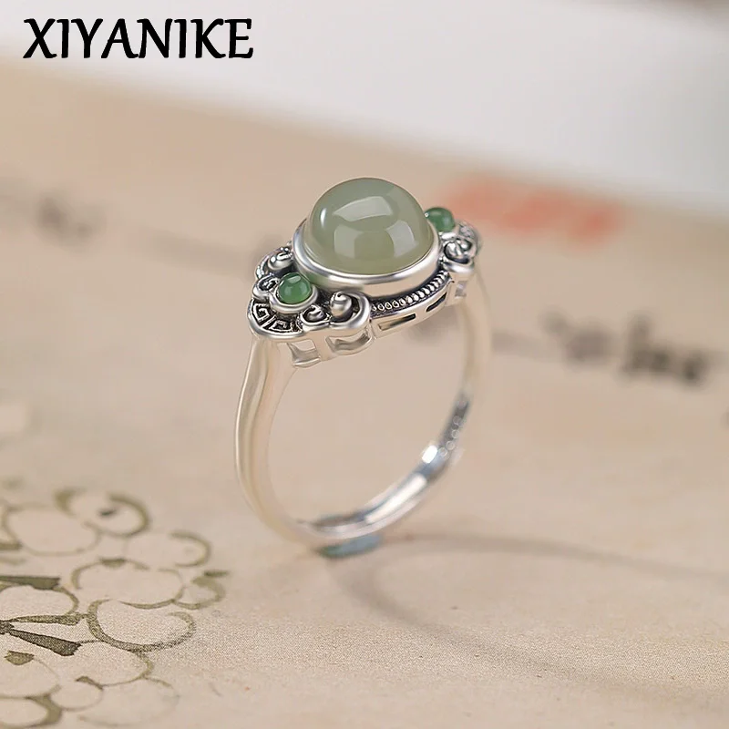 

XIYANIK Ethnic Style Thai Silver Flower Green Stone Adjustable Finger Rings For Women Fashion New Jewelry Gift Party anillos
