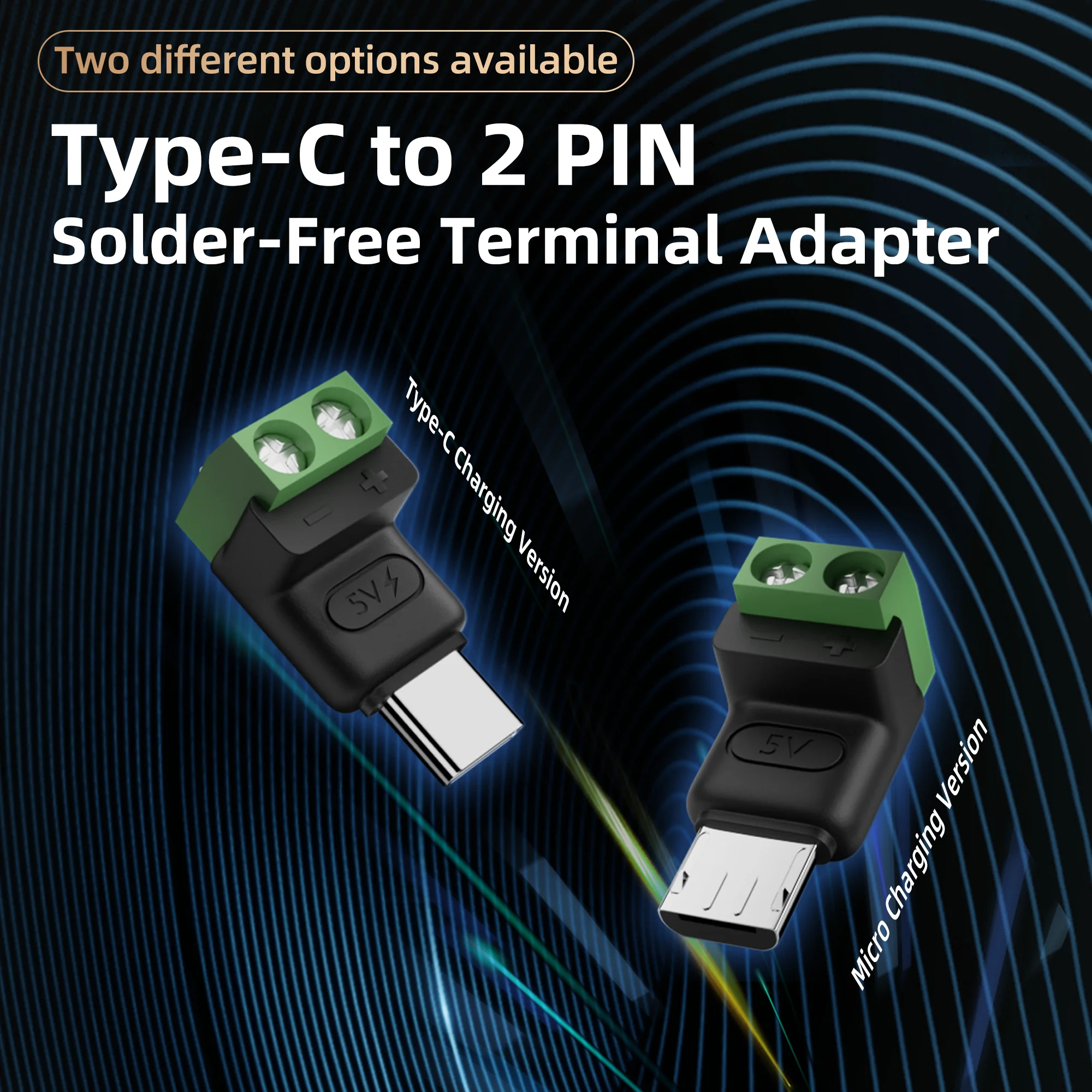Type C/Micro to 2 Pin Terminal Block Solderless Charging Connector 5V 3A Screw Terminal Charging Adapter Plug