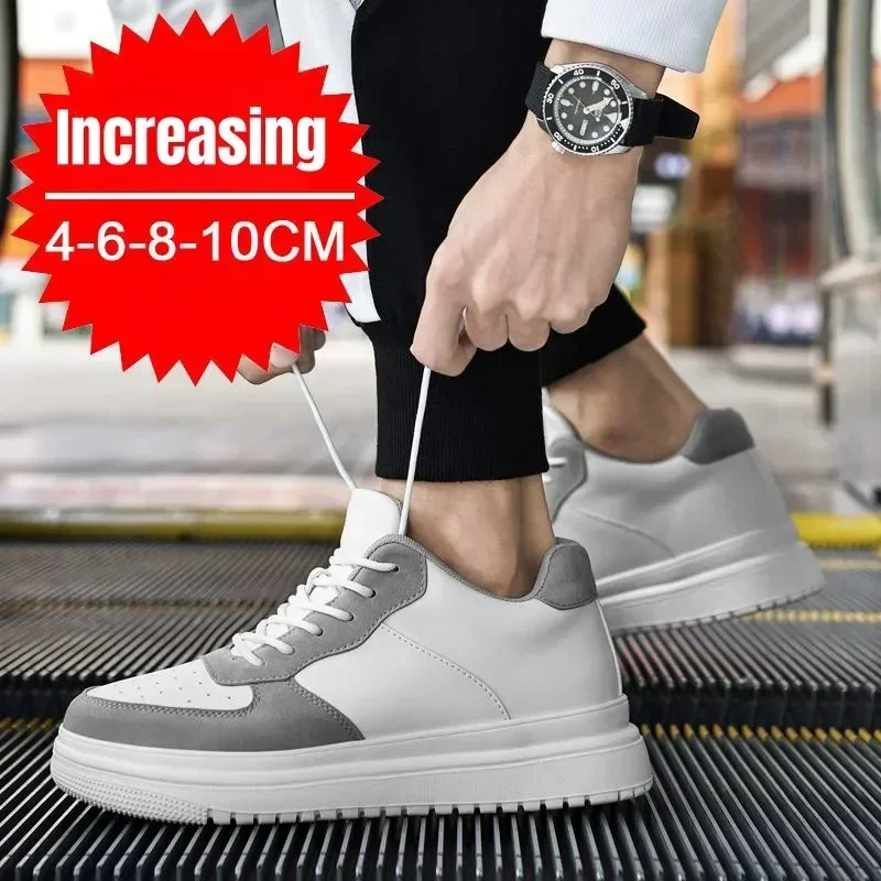 New Height Increasing Shoes for Men 10cm Invisible Elevator Sneakers White Leathe Sport Zapatillas De Hombre Big Size 46