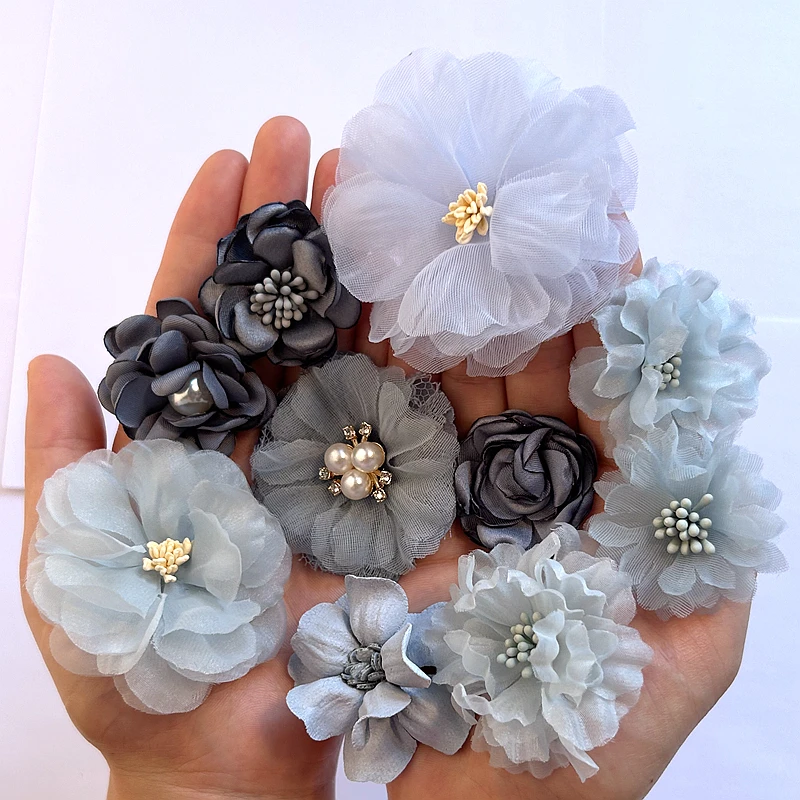 10Pcs/set Blue Chiffon Fabric Artificial Flowers for Wedding Bride Invitation Bouquet Hat Dress Shoes Decoration