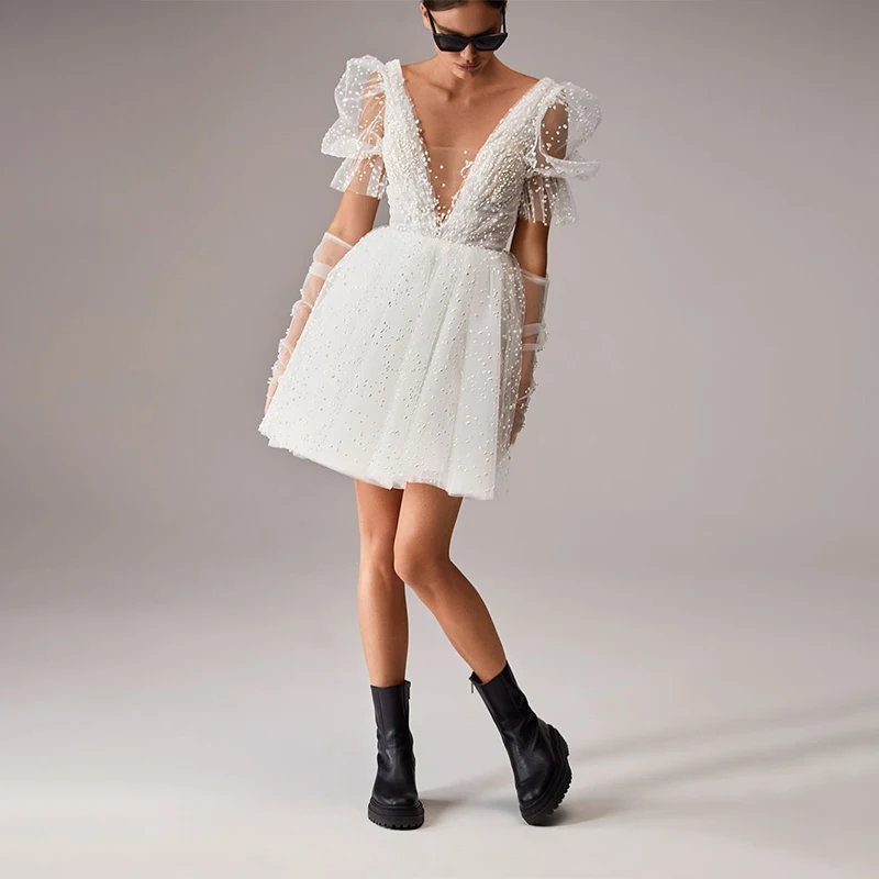 

Элегантные вечерние платья с v-образным вырезом и короткими пышными рукавами, кружевные аппликации, платья принцессы для выпускного вечера по индивидуальному заказу Robe De Mariée