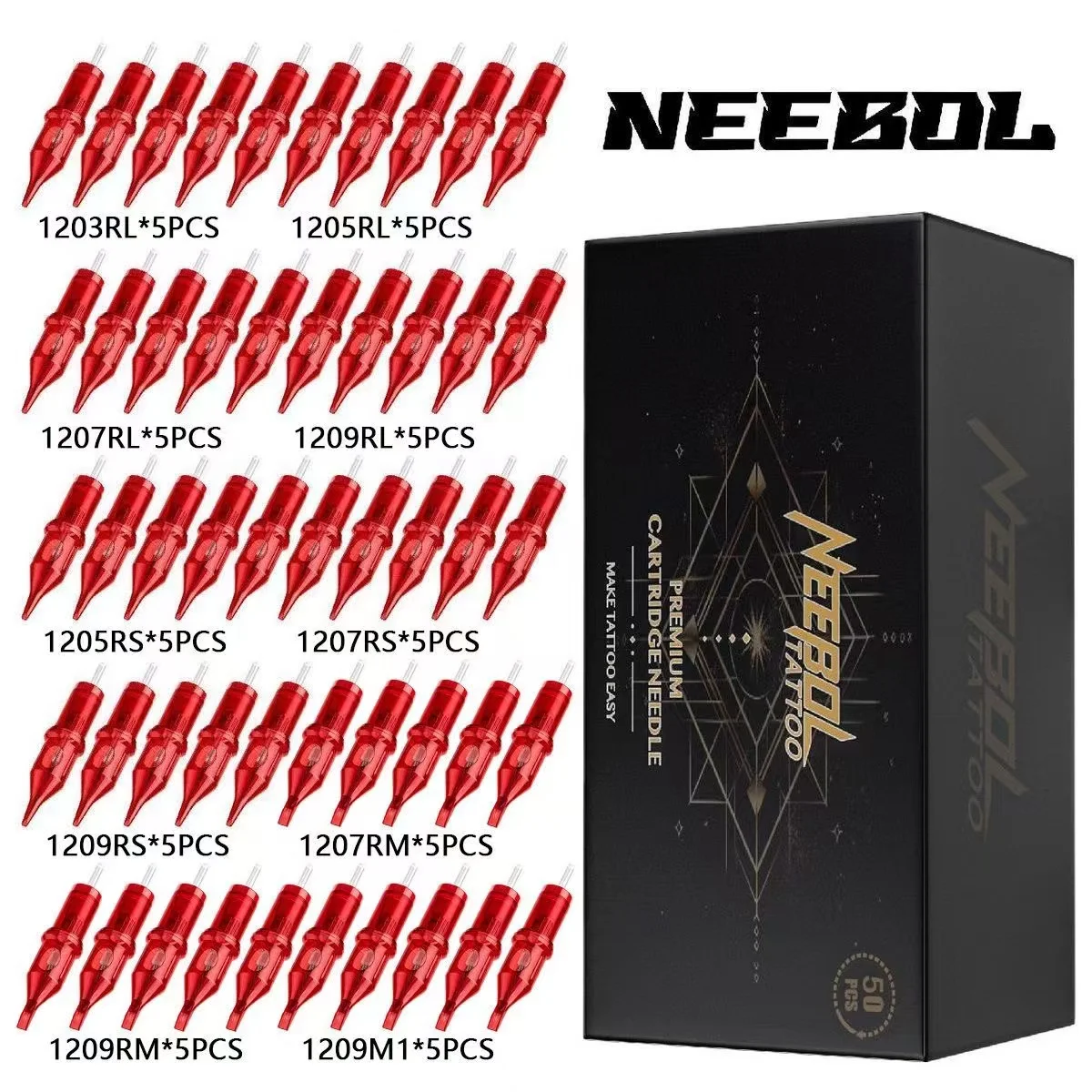 

Иглы для тату-картриджей Neebol, одноразовые RL RS RM M1, круглый лайнер, круглые магниты, перманентный макияж разных размеров
