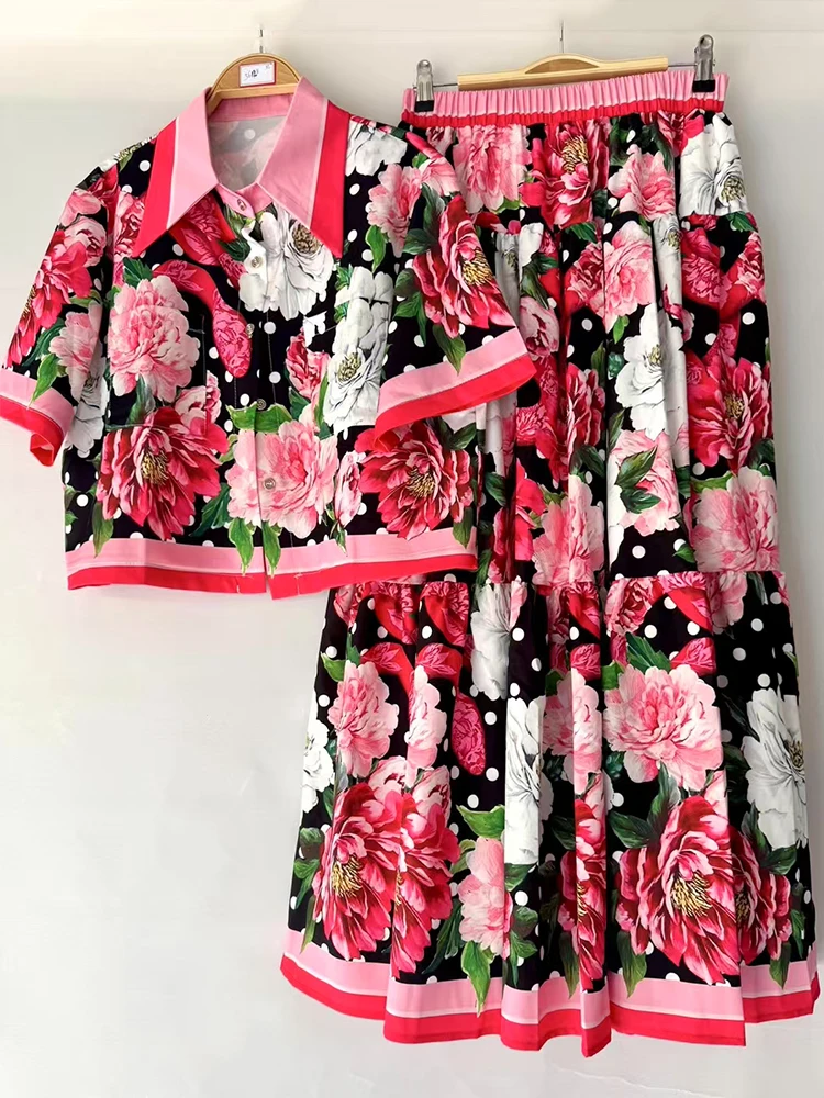 

Designer's retro printed lapel short shirt two-piece set for summer 2025 women's wear + loose pleated skirt fashion set
