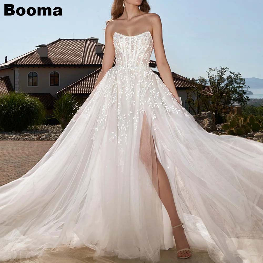 Booma-Robes de soirée de mariage en tulle ligne A, sans bretelles, corset désossant, appliques de mariée, quelle que soit la longueur au sol, robes de mariée fendues sur les jambes