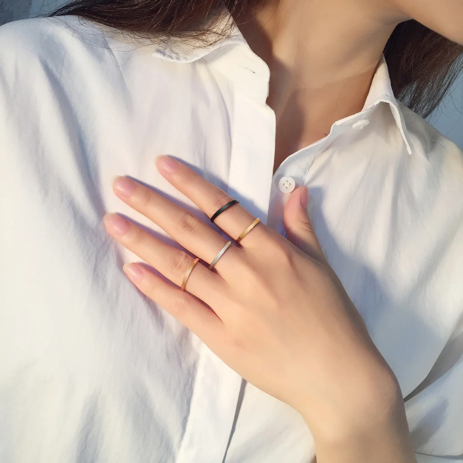 JHSL 2mm Small Mini Girl Women Rings Black Rose Gold Color Stainless Steel Simple Fashion Jewelry size 3 4 5 6 7 8 9 10
