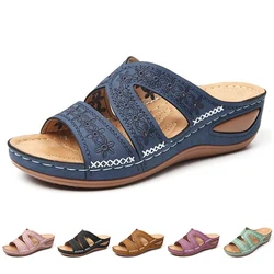 Sandali con zeppa da donna estivi Sandali ortopedici premium con punta aperta Pantofole retrò con piattaforma femminile casual in pelle antiscivolo vintage