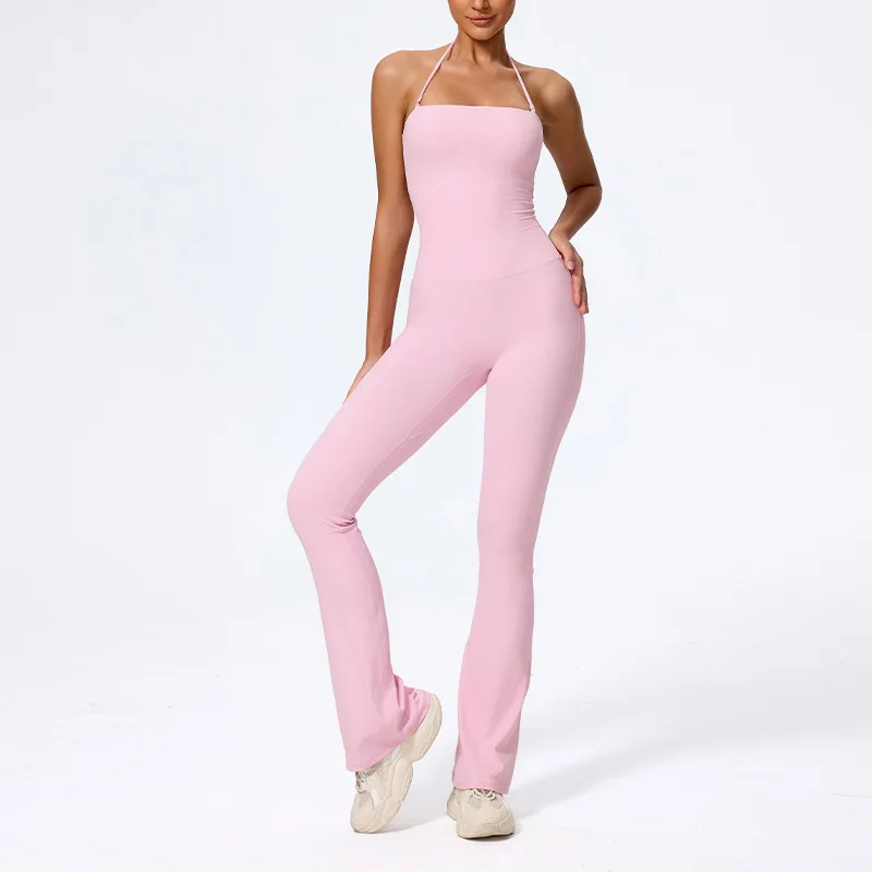 Women Halter Yoga Jumpsuit Scrunch Butt Flared Workout Bodysuit High Waist Tight Fitness Gym Sports Outfit