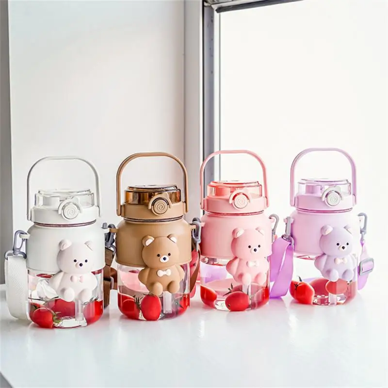 Large Capacity Kettle Portable Cup 1100ml Cute Bear Plastic Cup Slung Straw Cup Cartoon Carry-on Cup Without 3D Stickers