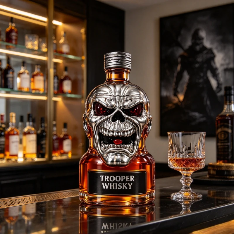 Iron Maiden Trooper Whisky Style Skull Decanter, Glass Decorative Bottle, Heavy Metal Rock Music Bar Display