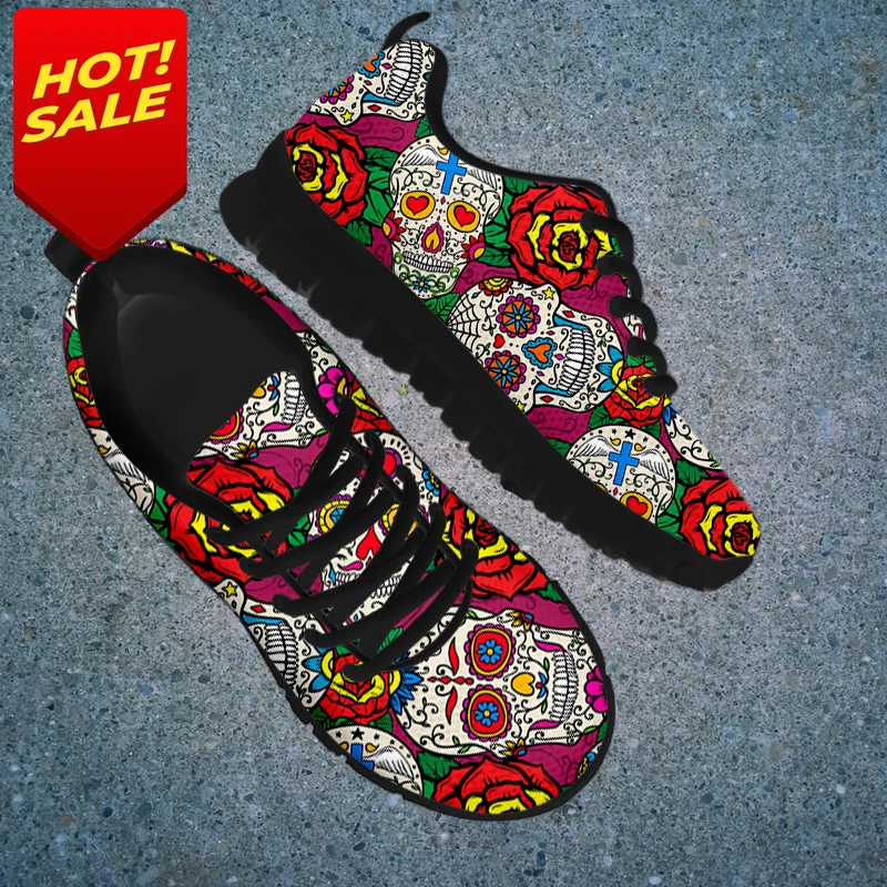 Red Rose Donna Sneakers Stringate Sugar Skull Stampa Floreale Scarpe In Mesh Light Casual Nero Youth Walking Calzature Dr