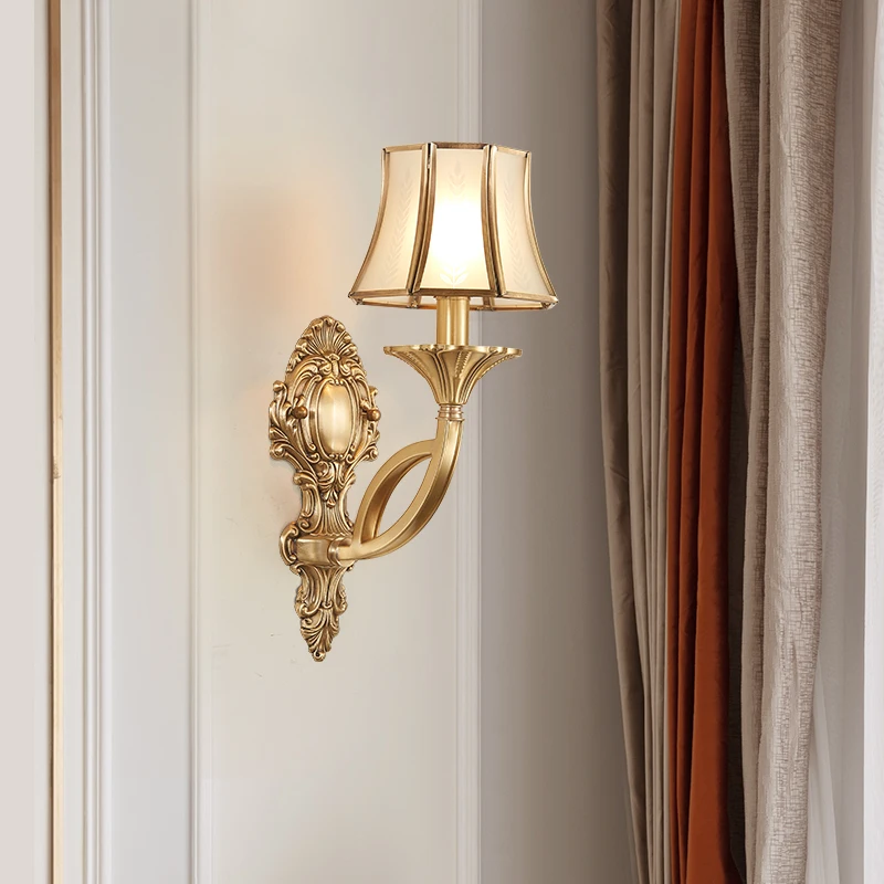 

Copper Wall Lamp American Living Room Bedroom Bedside Wall Lamp Single and Double-Headed Glass Cover Aisle Stairs Wall Lamp