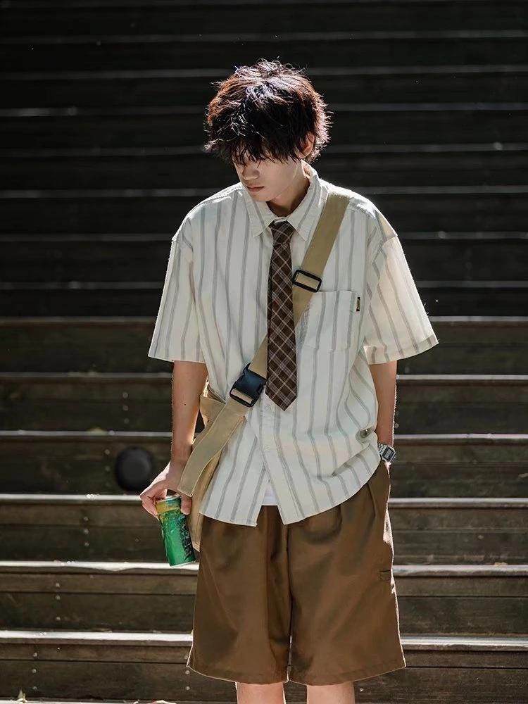 

Summer Vintage Striped Shirt Men Women Matching Set Japanese Style Loose 5 Sleeve Casual Couple Outfit with Necktie