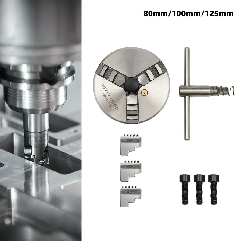 3-Jaw Self-Centering Lathe Chuck 80/100/125mm External & Internal Jaws for CNC Milling Drilling Machines