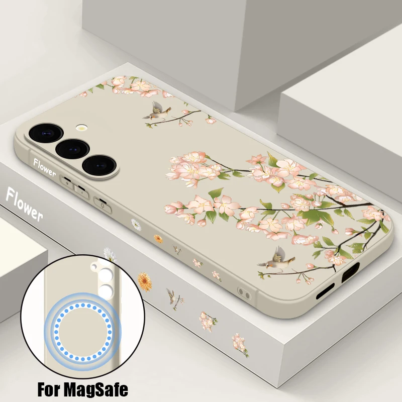 Pink Flowers Magnetic Soft TPU Case For Samsung Galaxy S24 FE S24 S25 S23 S22 Ultra Plus For Magsafe Wireless Charge Phone Cover