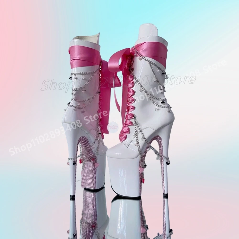 

White Metal Chain Decor Crystals Mid Calf Boots Shiny Stiletto High Heel Lace-up Fashion Sweet Cool Women Shoes 2025 Para Mujere