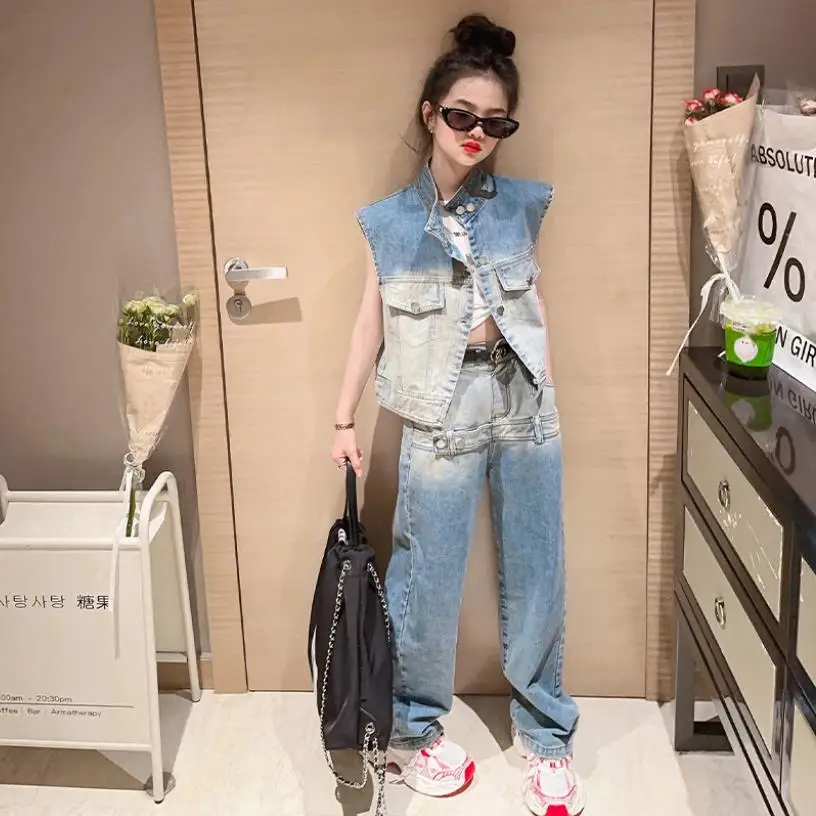 Kids Vest Top + Denim Pant 2pcs Sets Children Spring Summer New Denim Coat Fashion Trousers  Teenage Suits 4-16 Years Wz1191