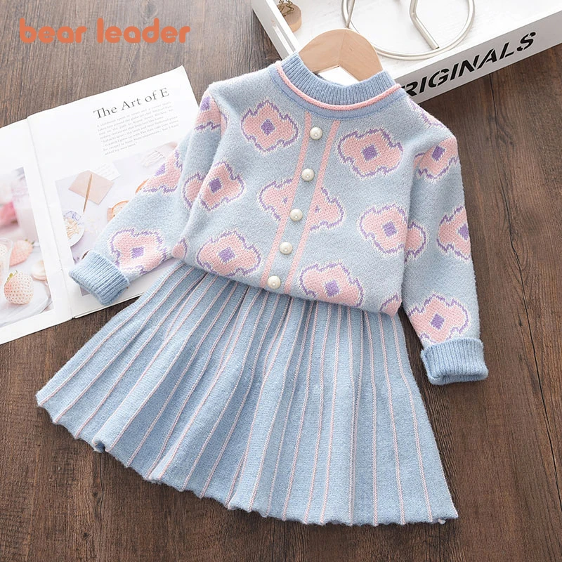 Bear Leader Girls Baby 2023 Fashion Winter Knitted Clothes Sets Cartoon Sweaters Tops Ruffles Skirt Outfits Children Clothes