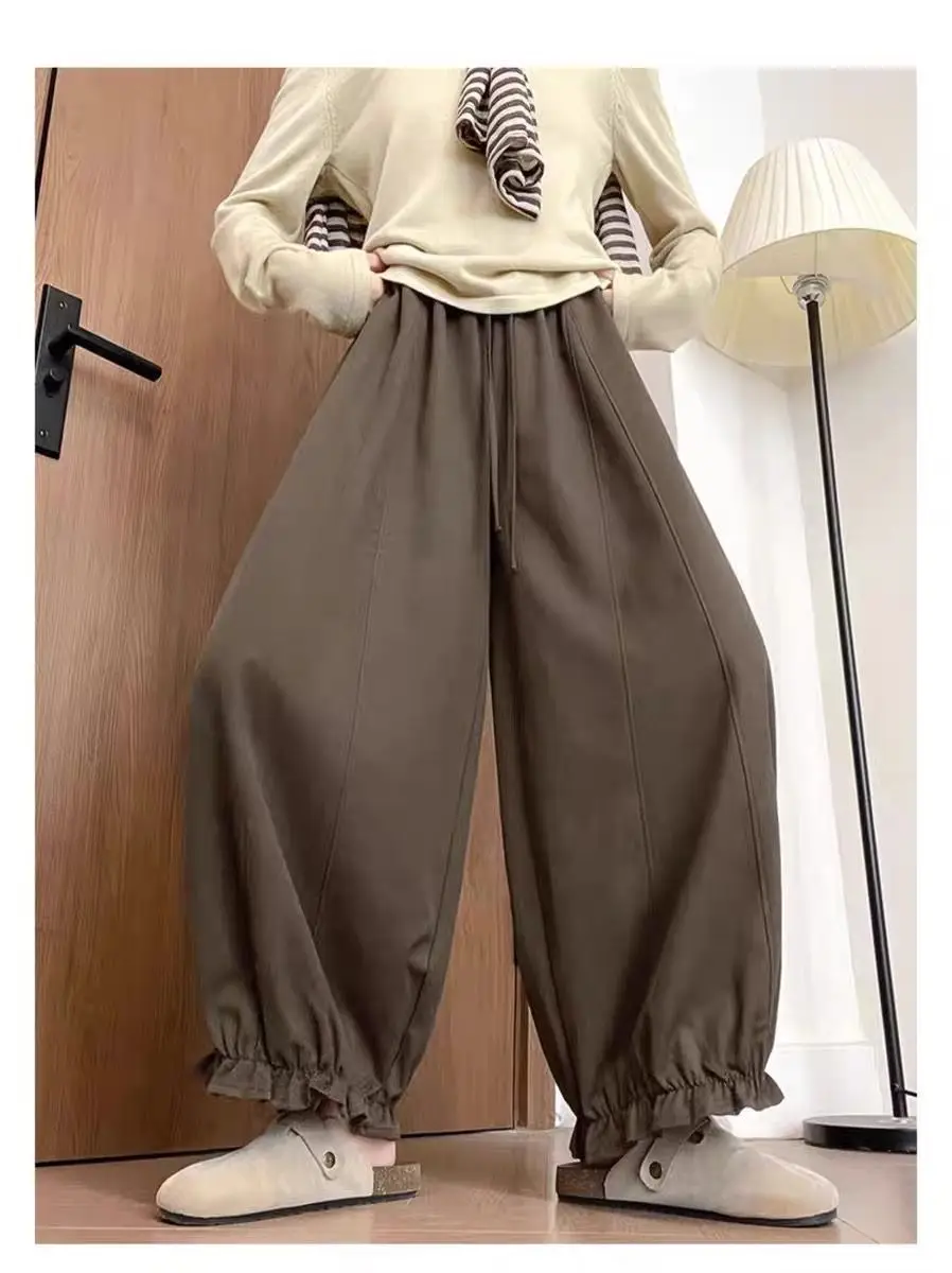 Wide Leg Pants Gym Womens Autumn Flannel Pleated Sólido Minimalist Office Classical Banded Waistband Knitted Softshell Basic OL