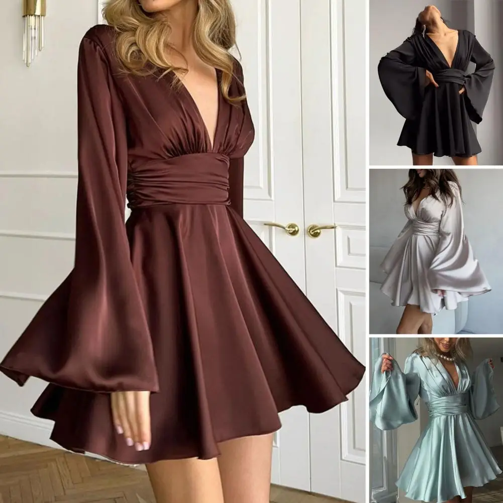 Large Size Women's Clothing New V-neck Waist A-shaped Skirt Kinked Solid Color Short T-shirt Flowy Dress For Club Cocktail Party