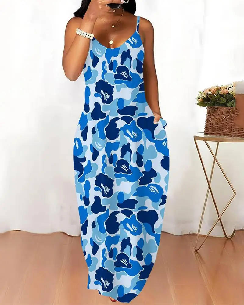 

New Fashion Printed Pocket Suspender Dress Summer Women Spaghetti Strap Maxi Dress Casual Loose Beach Party Plus Size Clothing