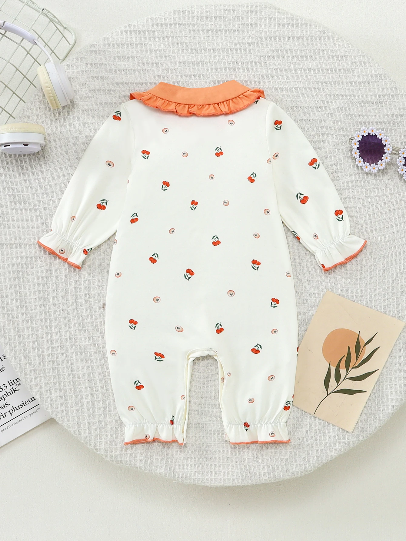 Fall Infant Romper Orange Peter Pan Collar Pumpkin Print Breathable Baby Onesie Halloween Casual Outfit Newborn Nap Sleepsuit
